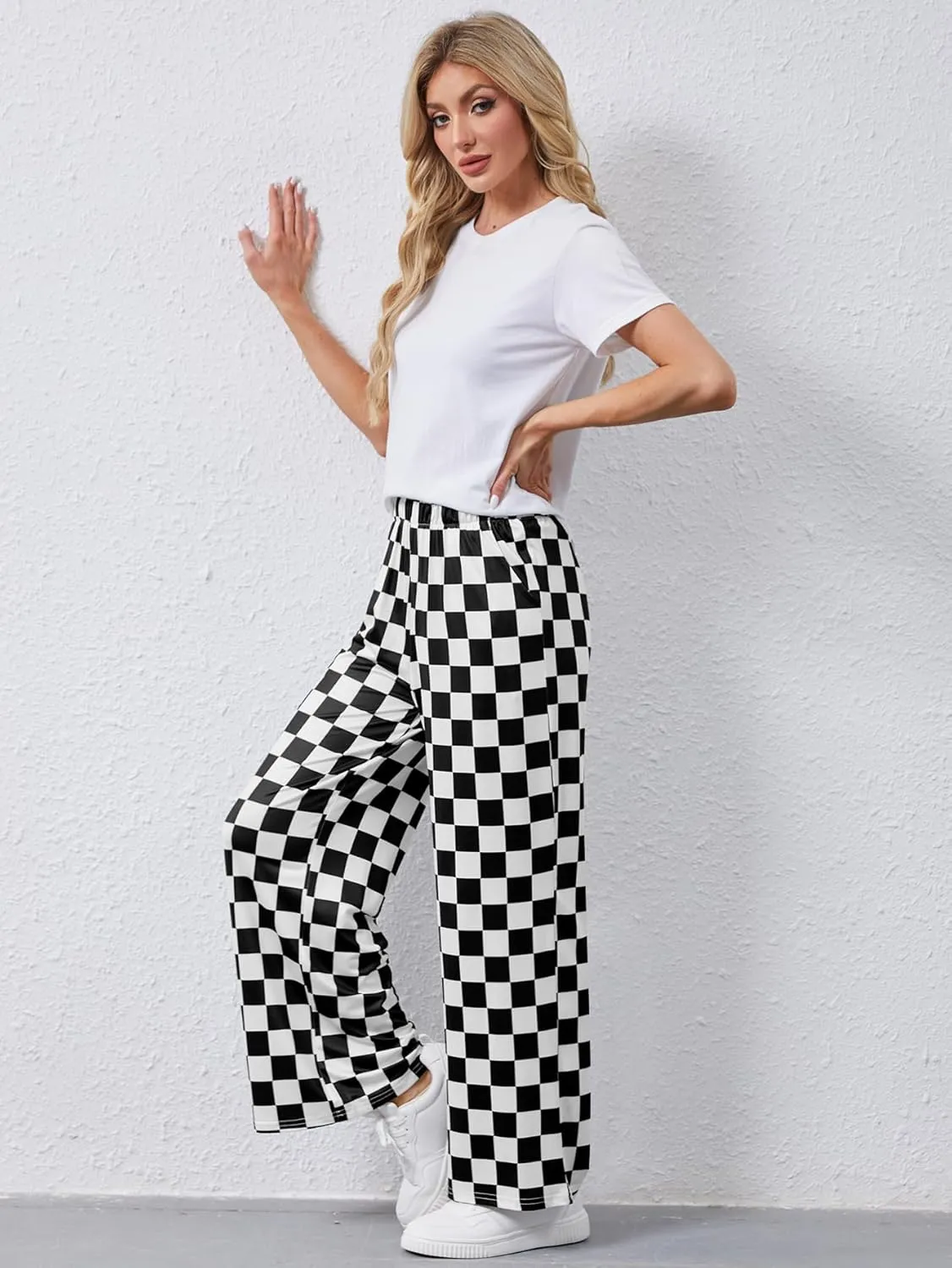 YKR Checkered Pants Women Casual Loose Wide Leg Straight Lounge Comfy Y2K Gingham Pants with Pockets