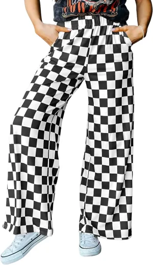 YKR Checkered Pants Women Casual Loose Wide Leg Straight Lounge Comfy Y2K Gingham Pants with Pockets