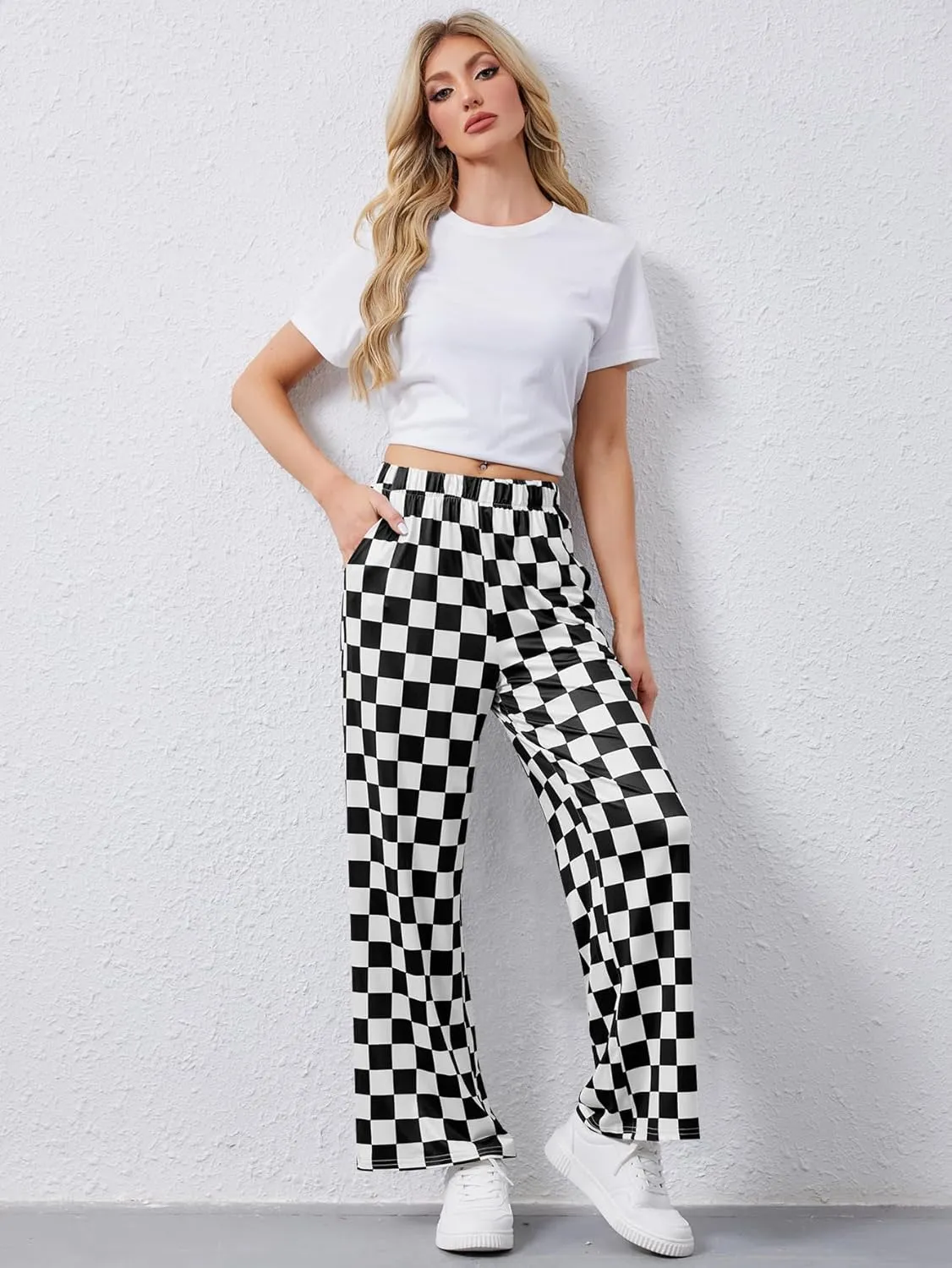 YKR Checkered Pants Women Casual Loose Wide Leg Straight Lounge Comfy Y2K Gingham Pants with Pockets