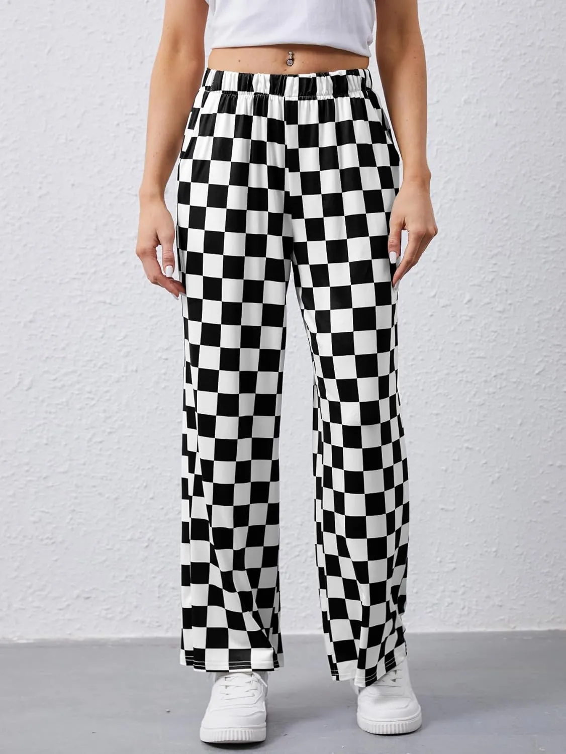 YKR Checkered Pants Women Casual Loose Wide Leg Straight Lounge Comfy Y2K Gingham Pants with Pockets