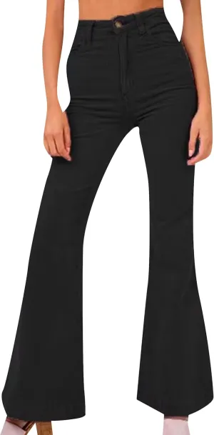 YMING Womens Corduroy Solid Color Flare Pants High Waist Bell Bottom Trousers Wide Leg Pants with Pockets