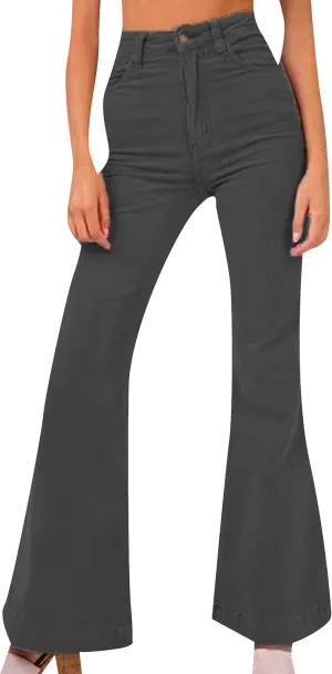 YMING Womens Corduroy Solid Color Flare Pants High Waist Bell Bottom Trousers Wide Leg Pants with Pockets