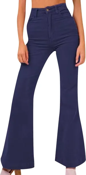 YMING Womens Corduroy Solid Color Flare Pants High Waist Bell Bottom Trousers Wide Leg Pants with Pockets