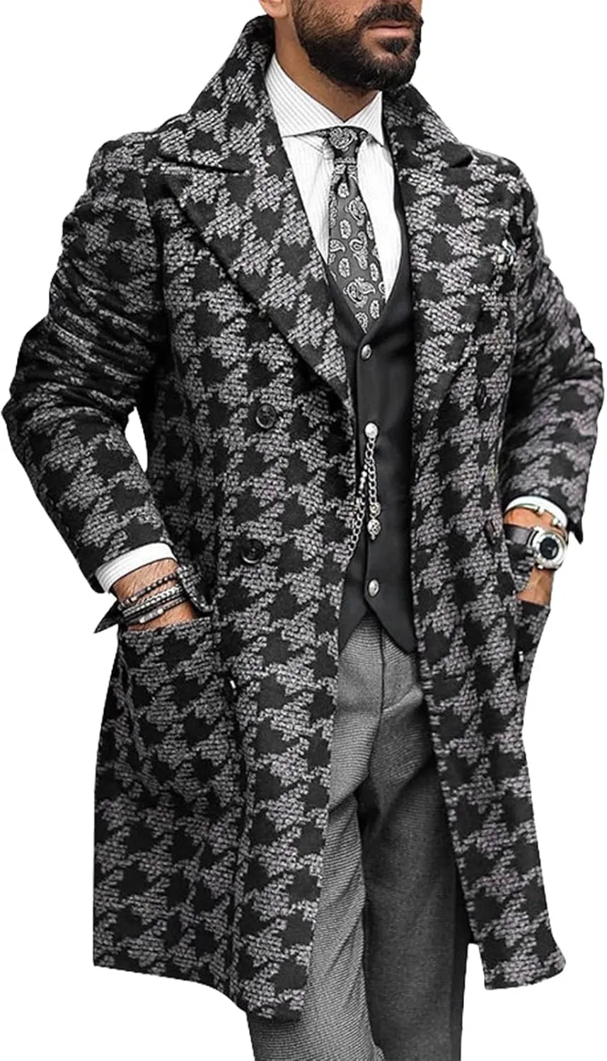 yoeasy Men's Printed Notched Collar Plaid Double Breasted Trench Coat Mid Length Slim Fit Woolen Blend Pea Coat