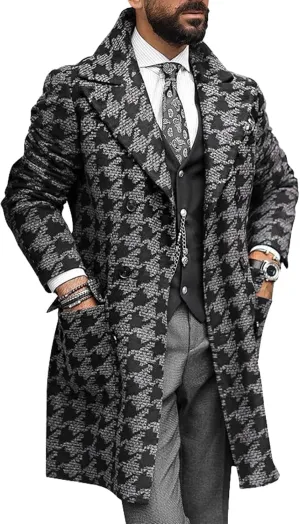 yoeasy Men's Printed Notched Collar Plaid Double Breasted Trench Coat Mid Length Slim Fit Woolen Blend Pea Coat