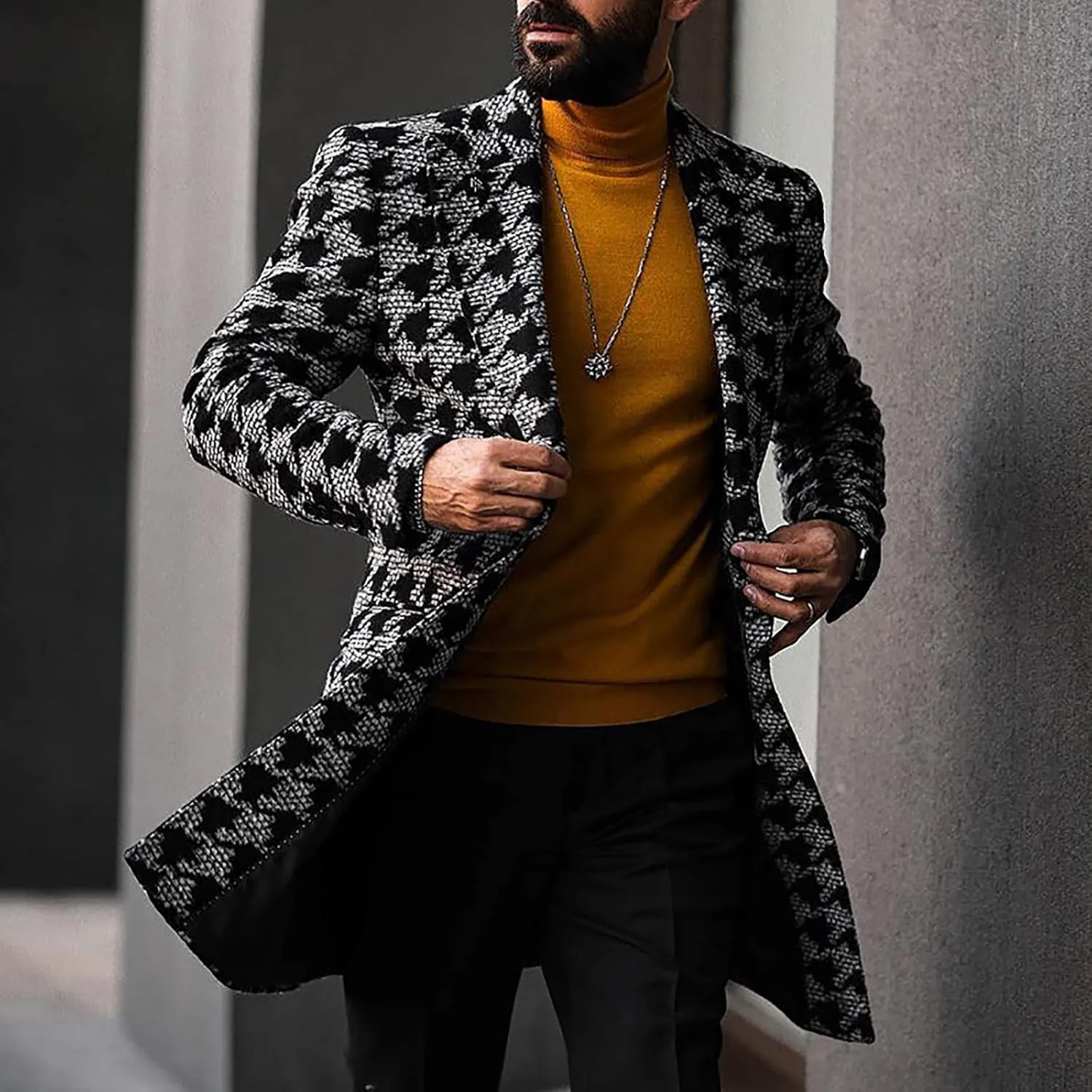 yoeasy Men's Printed Notched Collar Plaid Double Breasted Trench Coat Mid Length Slim Fit Woolen Blend Pea Coat