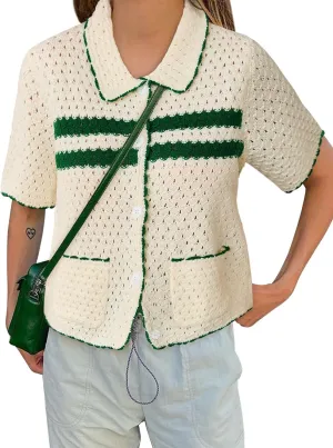 Yousify Womens Striped Short Sleeve Sweater Casual Knitted Button Down Crochet Cardigan Vintage Y2k Hollow-Out Tops