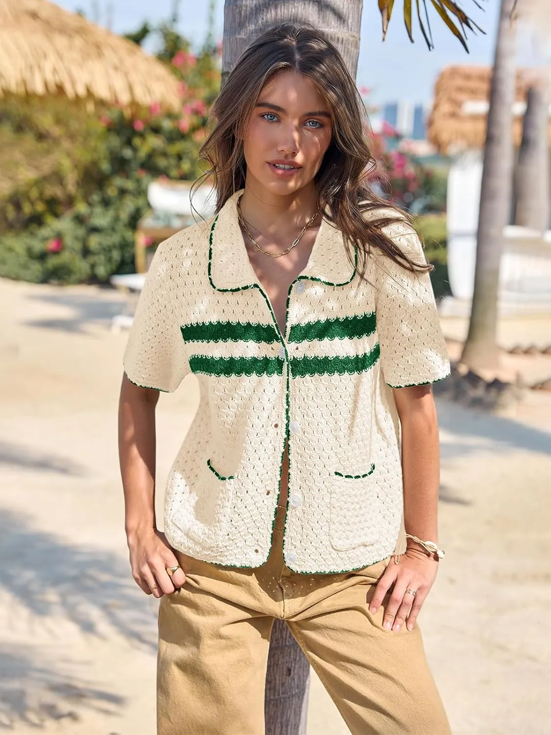 Yousify Womens Striped Short Sleeve Sweater Casual Knitted Button Down Crochet Cardigan Vintage Y2k Hollow-Out Tops