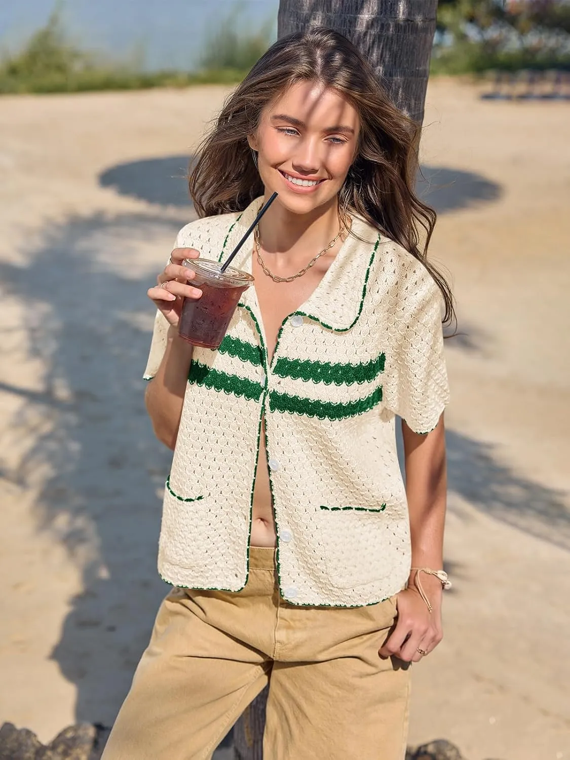 Yousify Womens Striped Short Sleeve Sweater Casual Knitted Button Down Crochet Cardigan Vintage Y2k Hollow-Out Tops