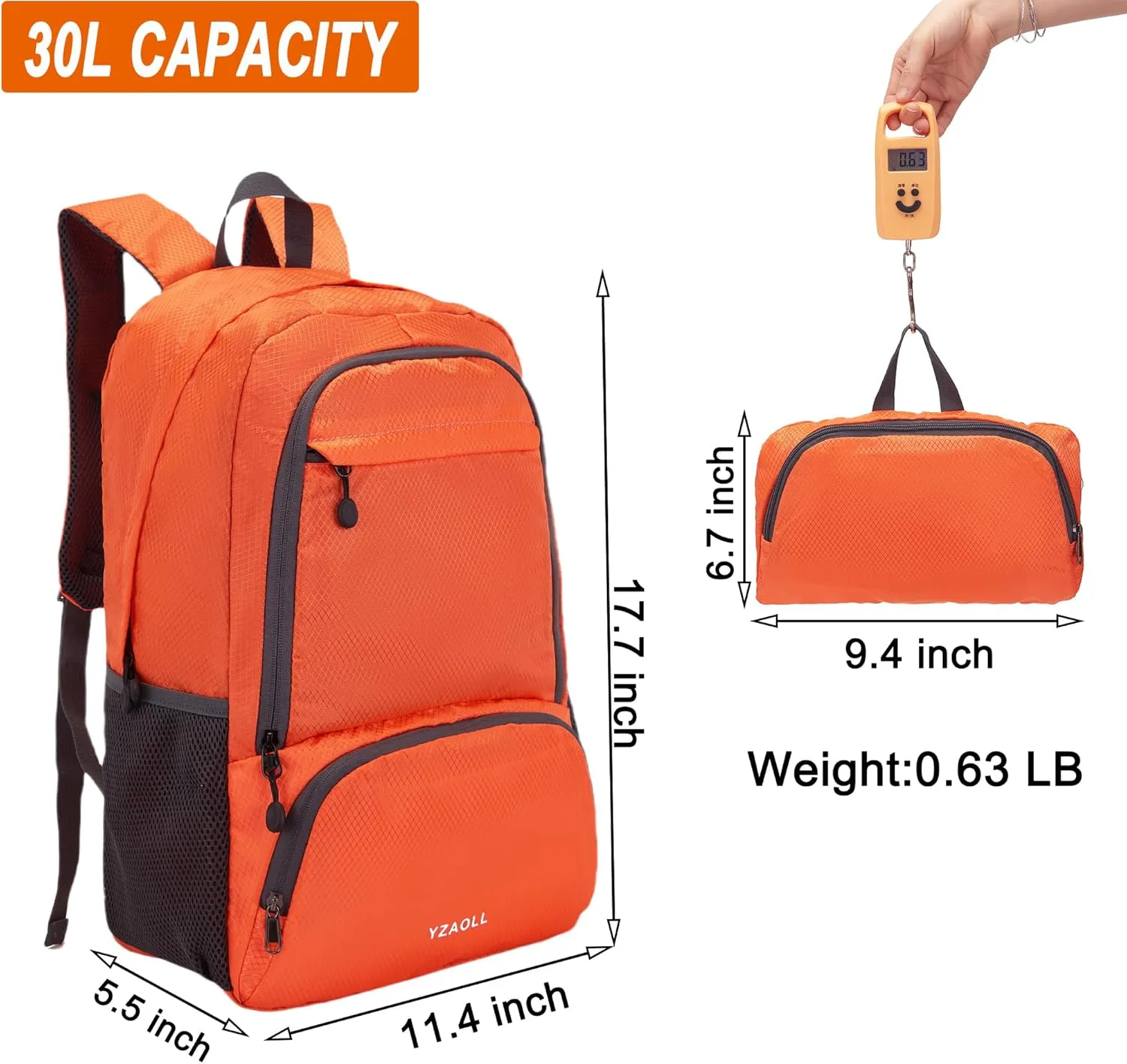 YZAOLL 30L Lightweight Packable Travel Hiking Backpack Daypack Foldable Backpack Water Resistant Daypack for Women Men