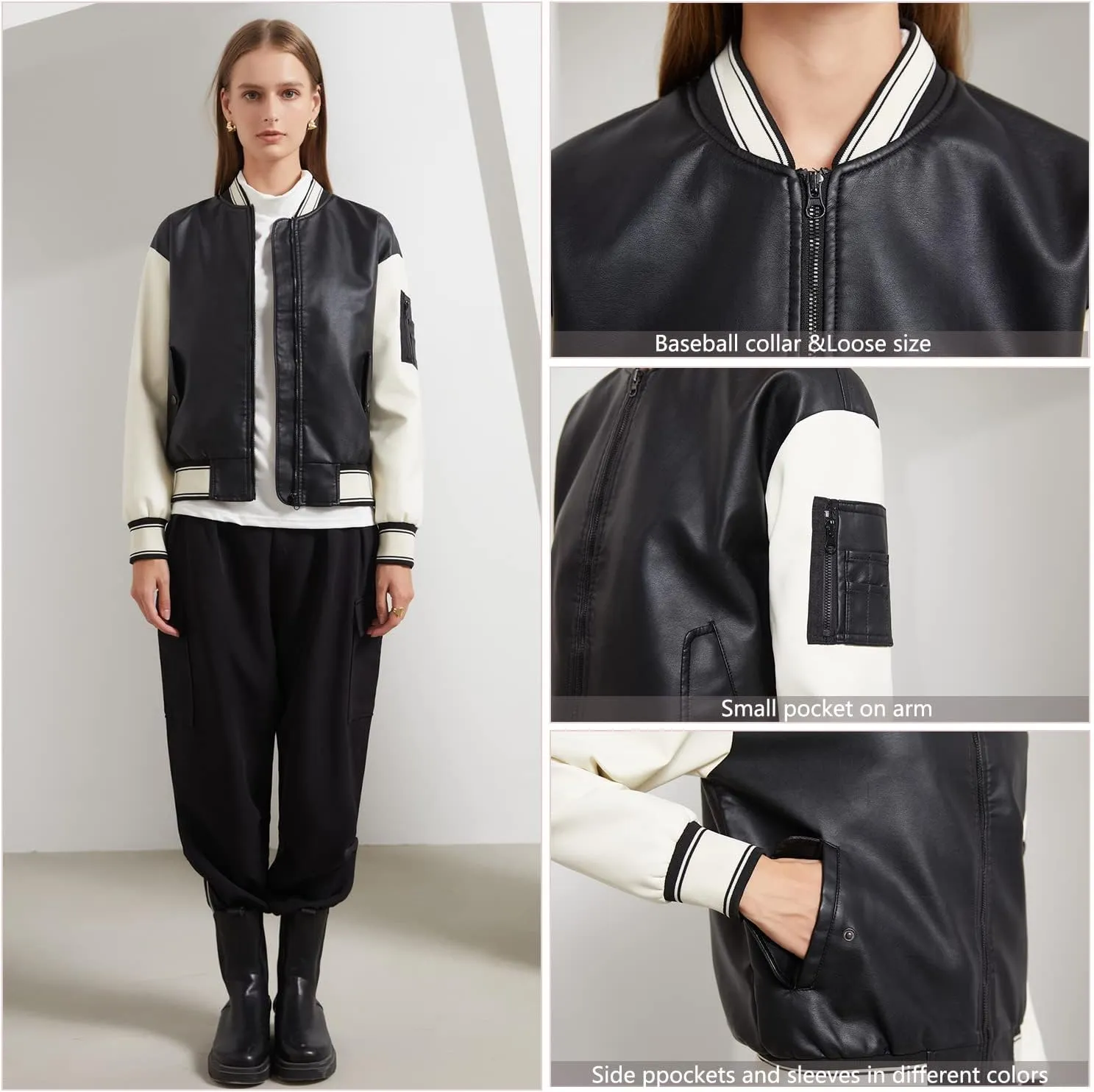 ZBH1985 Women's Leather Casual Baseball Uniform Jacket Coat Varsity Jacket ladies Bomber Jacket