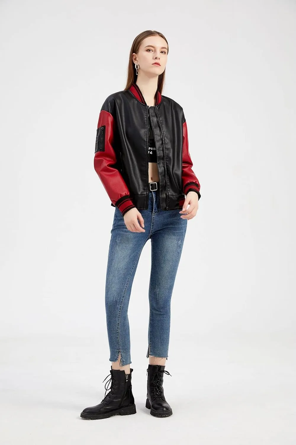 ZBH1985 Women's Leather Casual Baseball Uniform Jacket Coat Varsity Jacket ladies Bomber Jacket