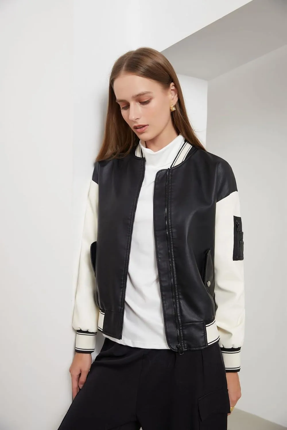 ZBH1985 Women's Leather Casual Baseball Uniform Jacket Coat Varsity Jacket ladies Bomber Jacket
