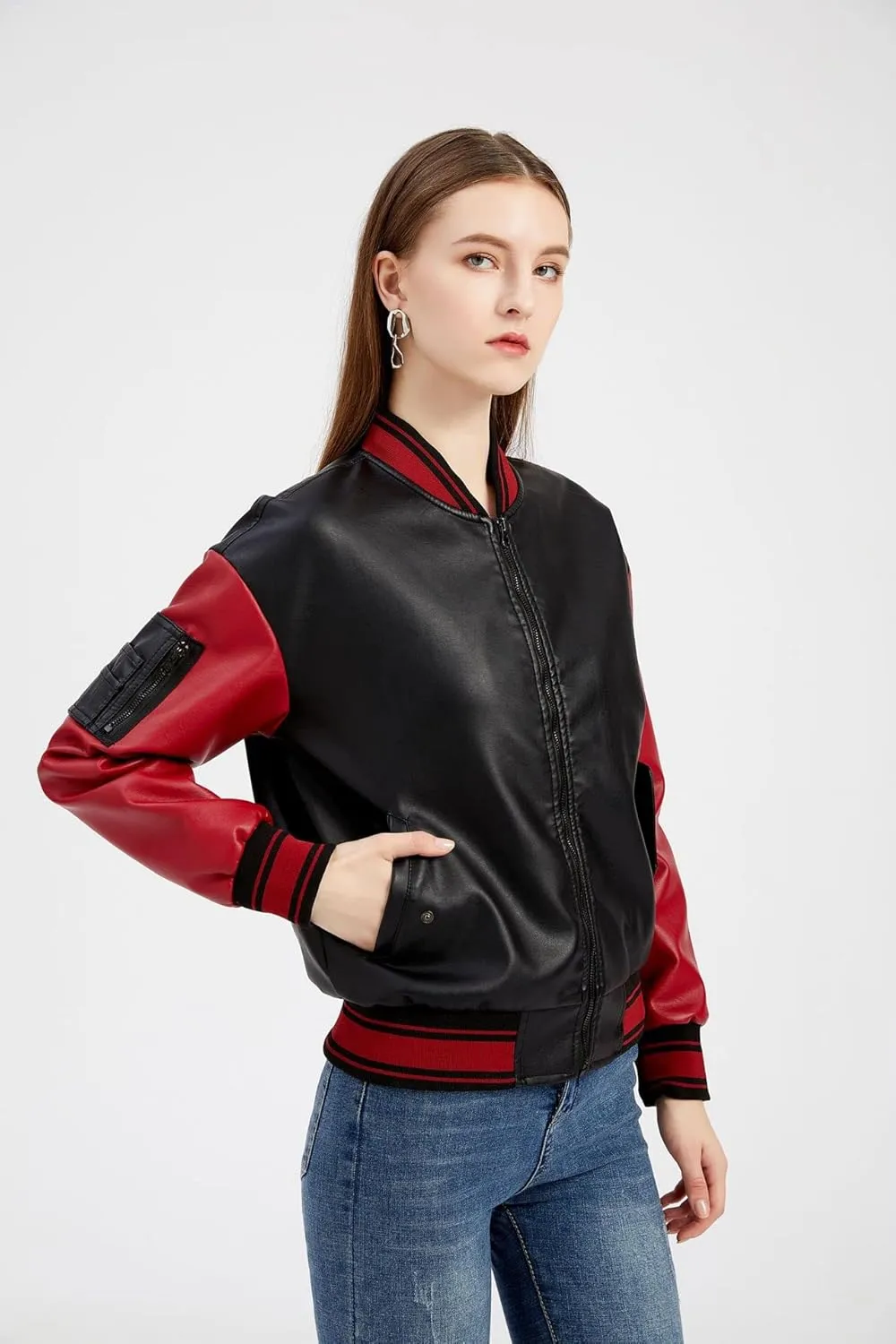 ZBH1985 Women's Leather Casual Baseball Uniform Jacket Coat Varsity Jacket ladies Bomber Jacket
