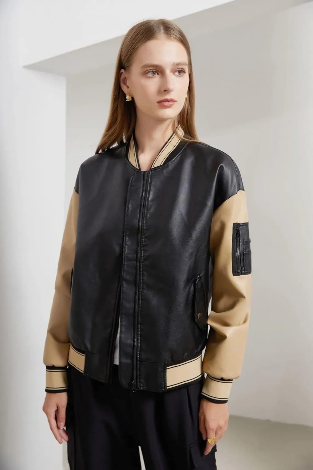 ZBH1985 Women's Leather Casual Baseball Uniform Jacket Coat Varsity Jacket ladies Bomber Jacket