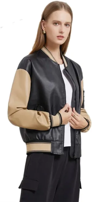 ZBH1985 Women's Leather Casual Baseball Uniform Jacket Coat Varsity Jacket ladies Bomber Jacket