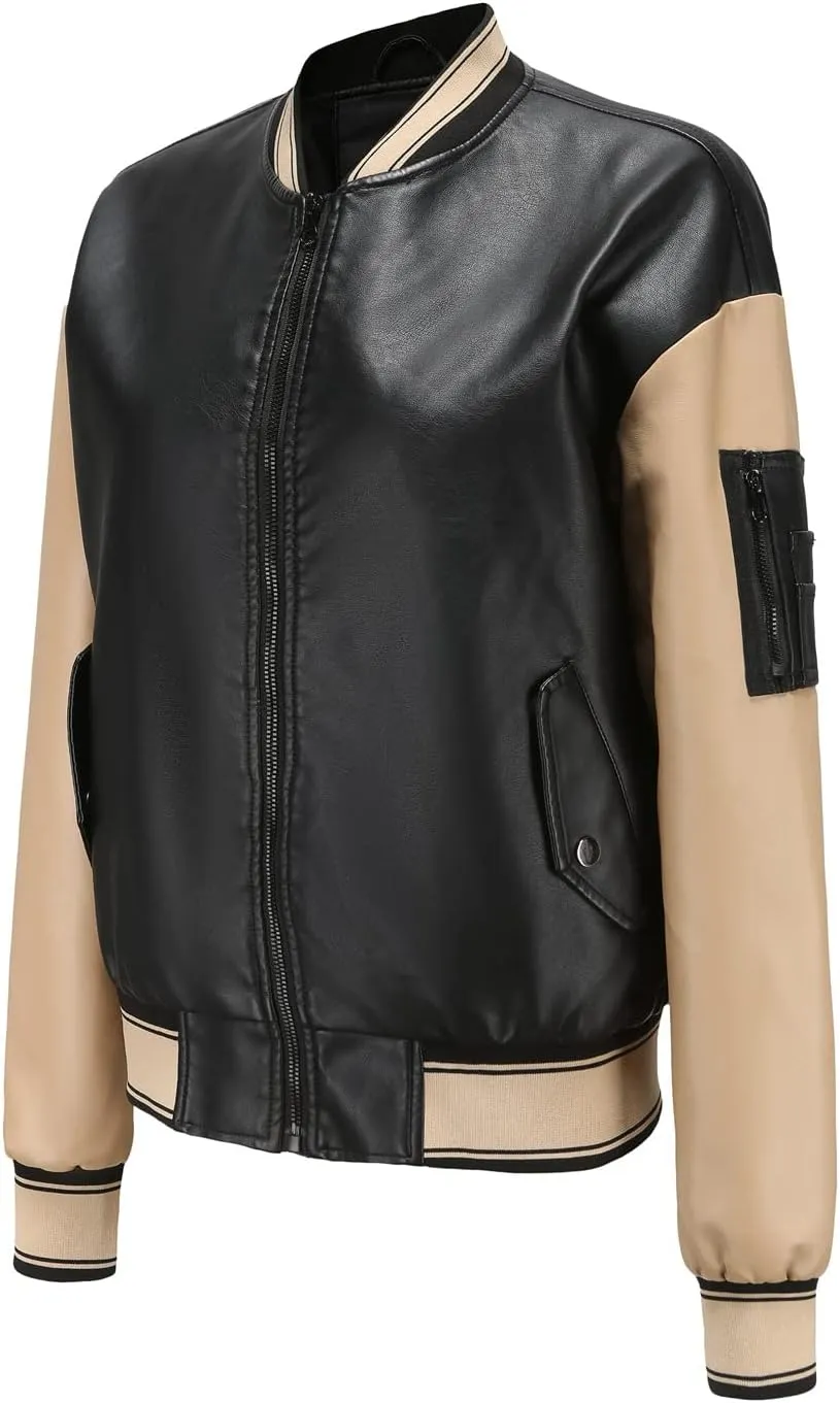 ZBH1985 Women's Leather Casual Baseball Uniform Jacket Coat Varsity Jacket ladies Bomber Jacket