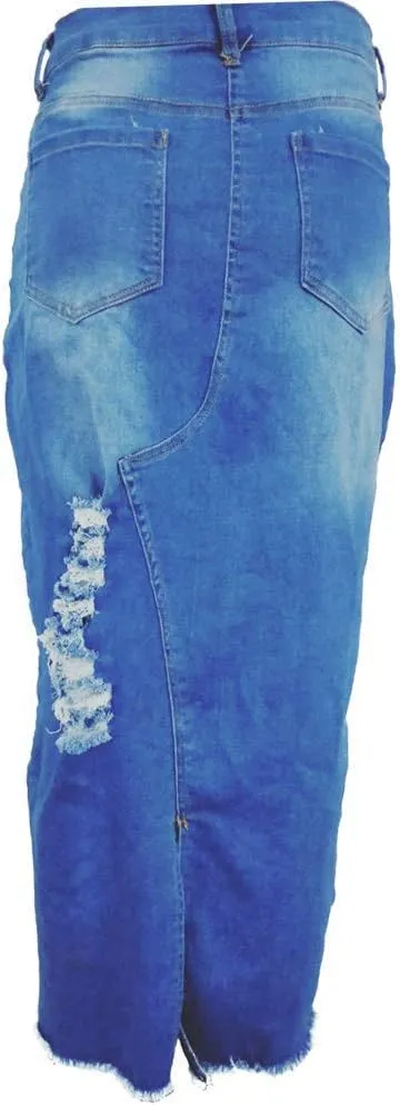 ZBYY Women Denim Skirts Casual Distressed Ripped Denim Jean Front Split Bodycon Washed Midi Denim Skirt with Pocket