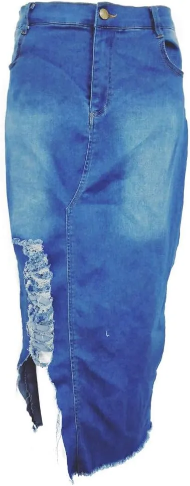 ZBYY Women Denim Skirts Casual Distressed Ripped Denim Jean Front Split Bodycon Washed Midi Denim Skirt with Pocket