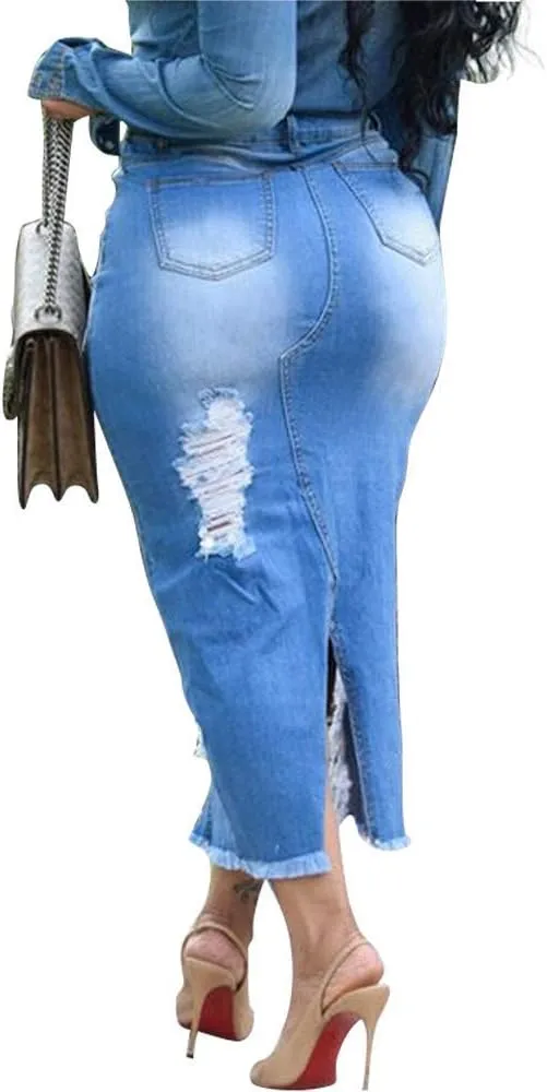 ZBYY Women Denim Skirts Casual Distressed Ripped Denim Jean Front Split Bodycon Washed Midi Denim Skirt with Pocket