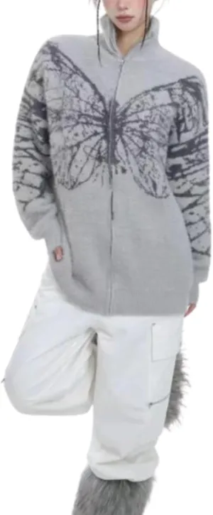 Zip Up Butterfly Print Cardigan Sweater Goth Sweater Y2k Grunge Clothes Oversized Sweater Vingate Sweater