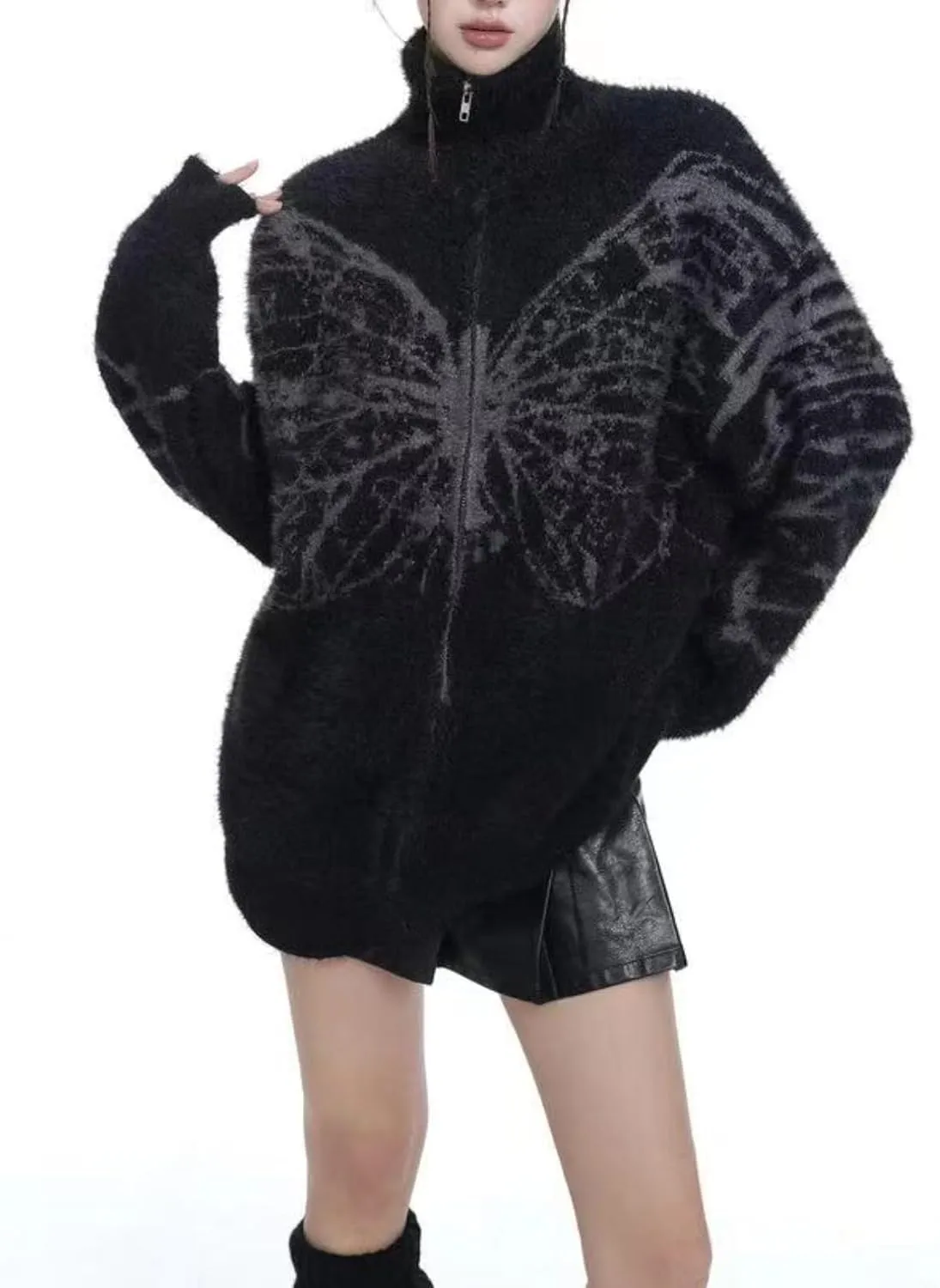 Zip Up Butterfly Print Cardigan Sweater Goth Sweater Y2k Grunge Clothes Oversized Sweater Vingate Sweater