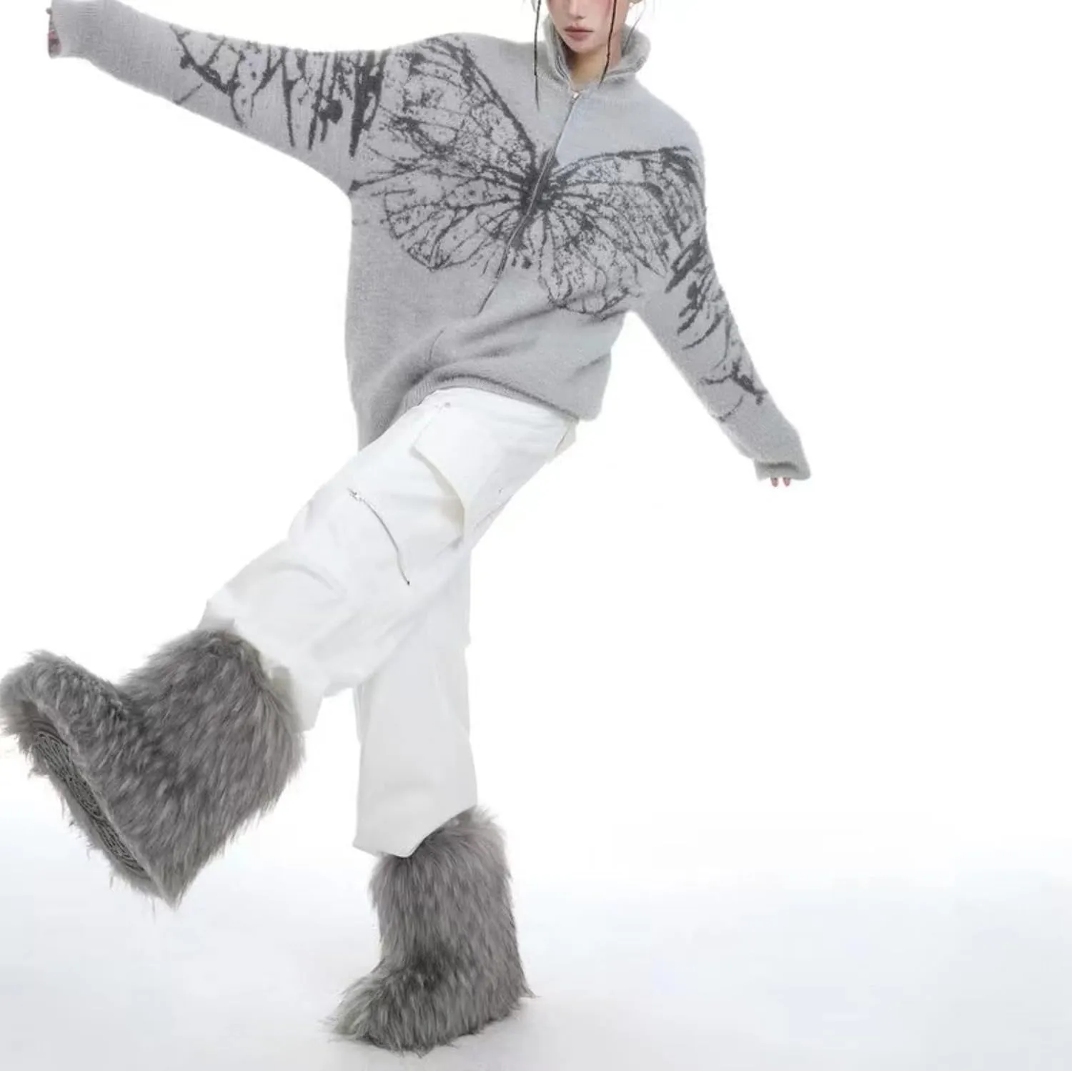 Zip Up Butterfly Print Cardigan Sweater Goth Sweater Y2k Grunge Clothes Oversized Sweater Vingate Sweater