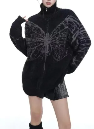 Zip Up Butterfly Print Cardigan Sweater Goth Sweater Y2k Grunge Clothes Oversized Sweater Vingate Sweater