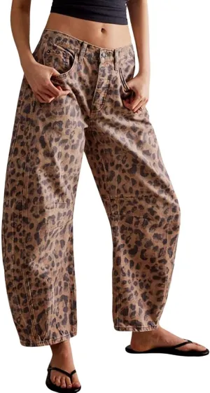 ZOCANIA Leopard Print Denim Pants for Womens Baggy Jeans Barrel Pants Boyfriend Mid Rise Wide Leg Harem Pants Ankle Pants Casual Loose Fall Trousers Pants,M