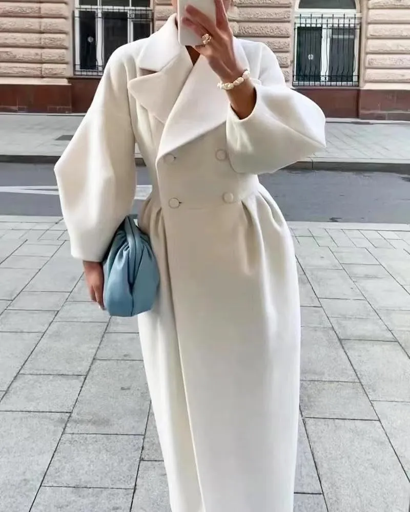 ZOCAVIA Women's Trench Coat Double Breasted Notch Lapel Pea Coats Business Casual Lantern Sleeve Maxi Long Wool Coat