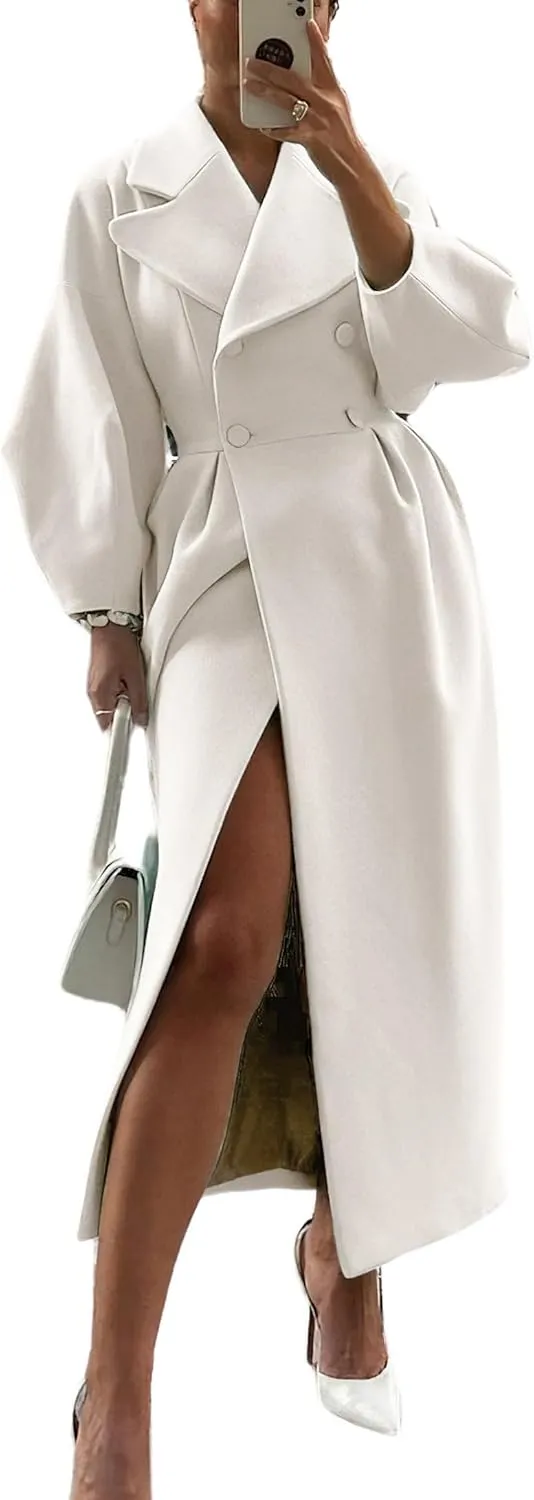 ZOCAVIA Women's Trench Coat Double Breasted Notch Lapel Pea Coats Business Casual Lantern Sleeve Maxi Long Wool Coat