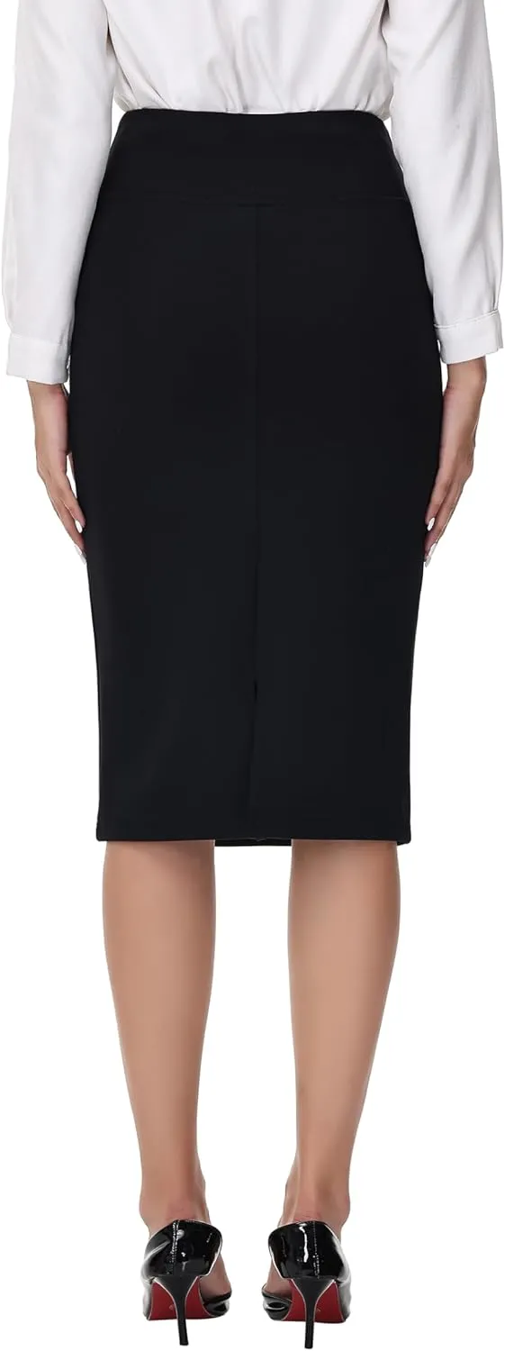 ZTN Skirts for Women Stretch High Waist Pencil Skirt Bodycon Business Skirt with Back Slit Below Knee