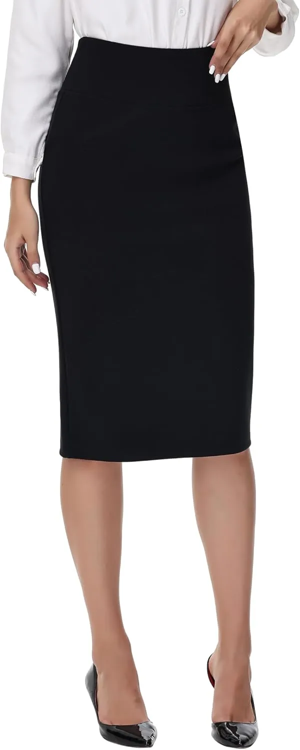 ZTN Skirts for Women Stretch High Waist Pencil Skirt Bodycon Business Skirt with Back Slit Below Knee